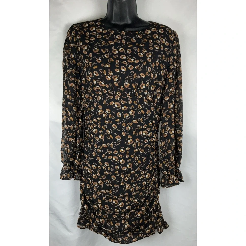 Storia  Dress Size S Mini Floral Long Sleeve ‎ Black Brown Ruched Swiss Dot Zip